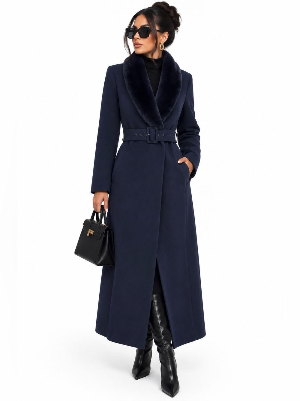 NAKED WARDROBE The Statement Long Trench Coat Medium Navy Faux Fur Mob Wife 90s
